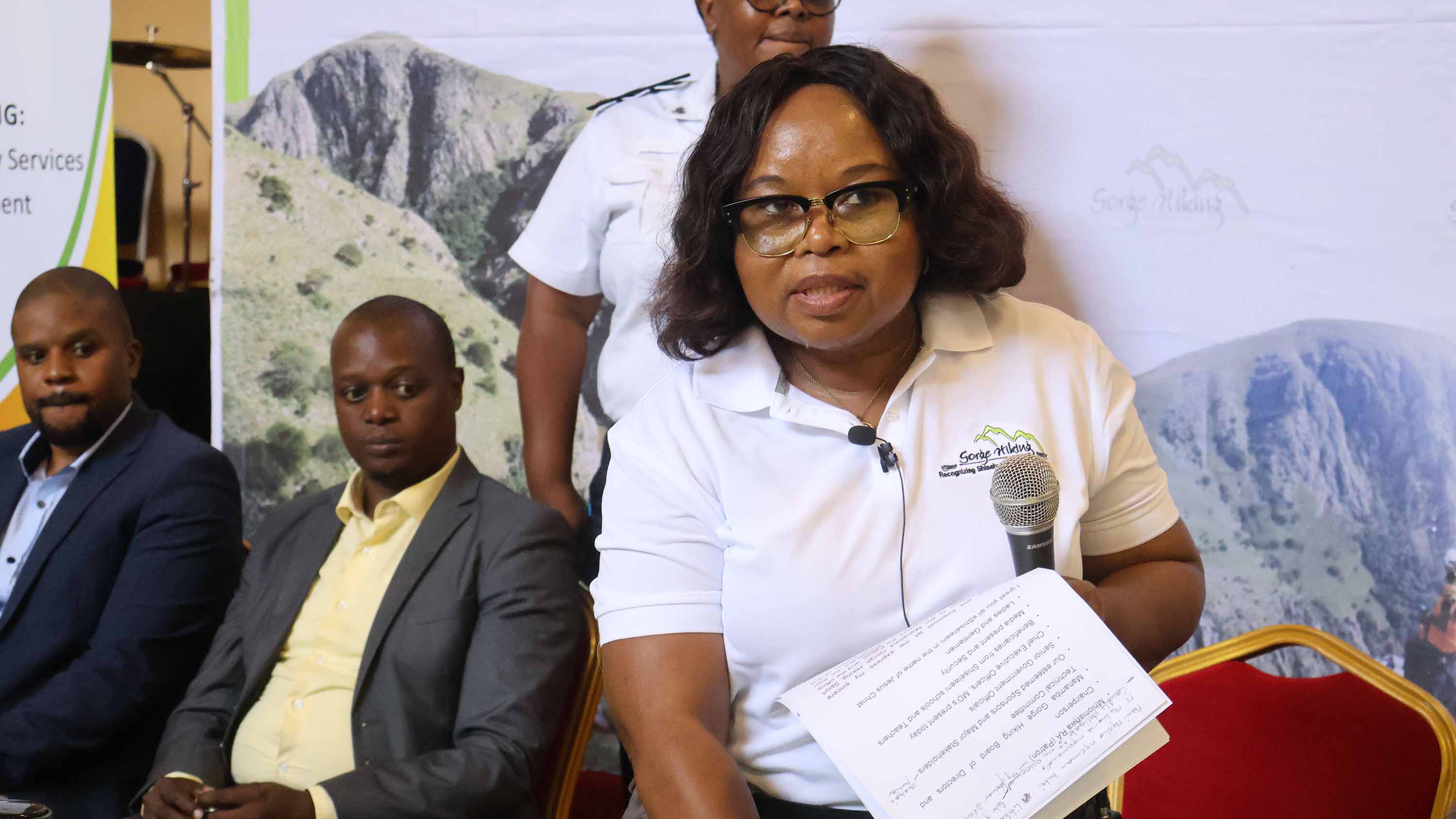 Minister for Tourism and Environmental Affairs, Jane Mkhonta yesterday during the launch of Mahamba Gorge Hiking to take place March 29, 2026.(Pics: Gcinile Phungwayo)